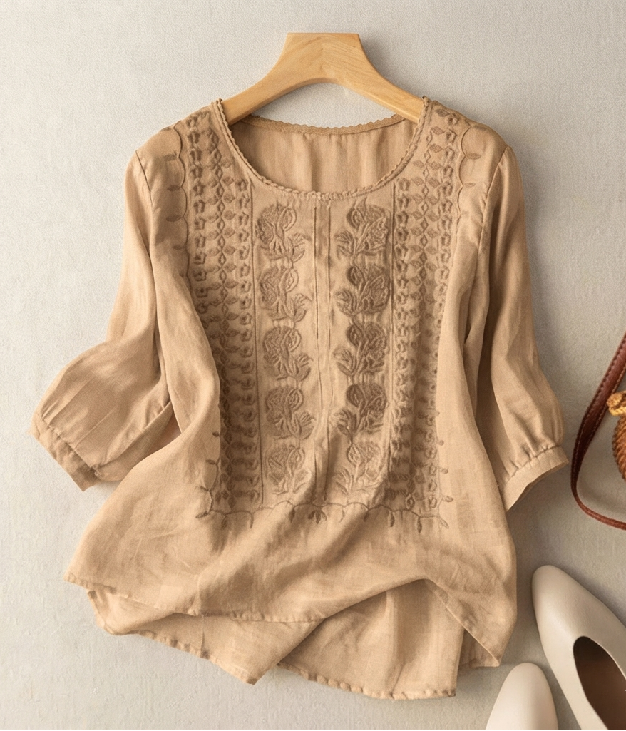 Evelyn | Dames Geborduurde Blouse met Ronde Hals