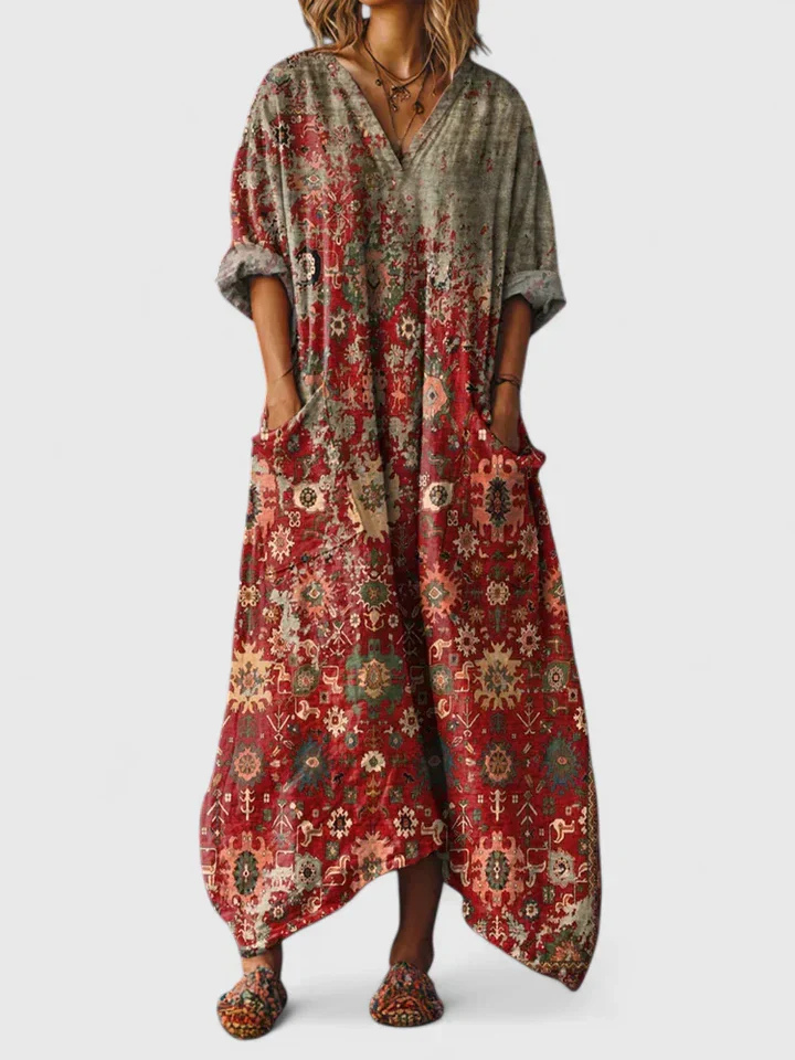 Nora | Dames Boho Print Maxi Jurk met Zakken