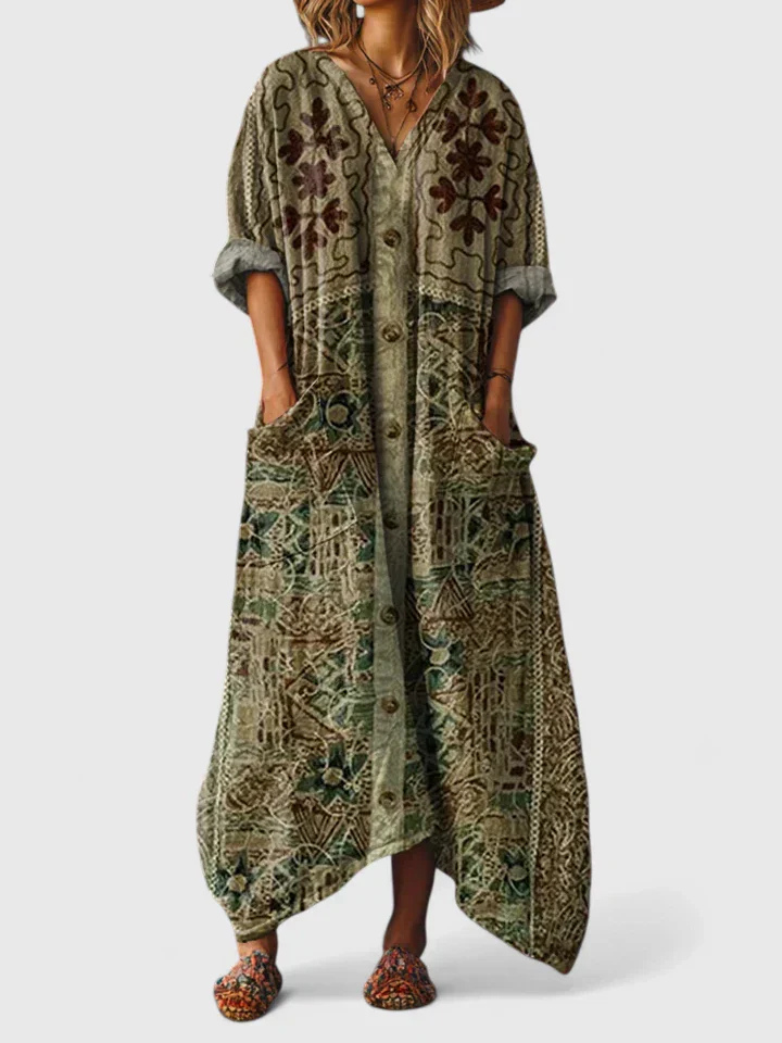 Nora | Dames Boho Print Maxi Jurk met Zakken