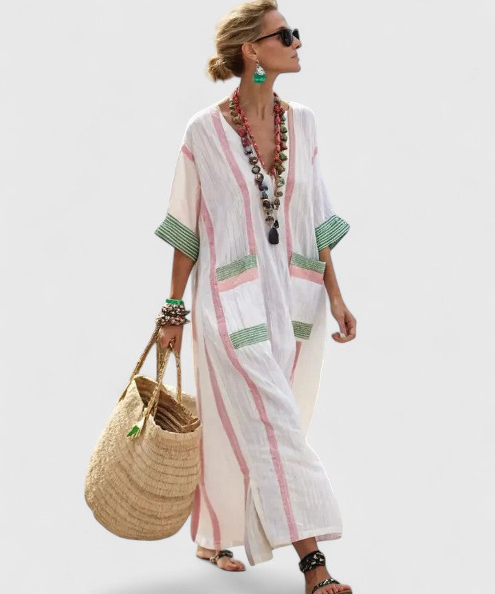 Hannah | Dames Boho Gestreepte Kaftan Maxi Jurk