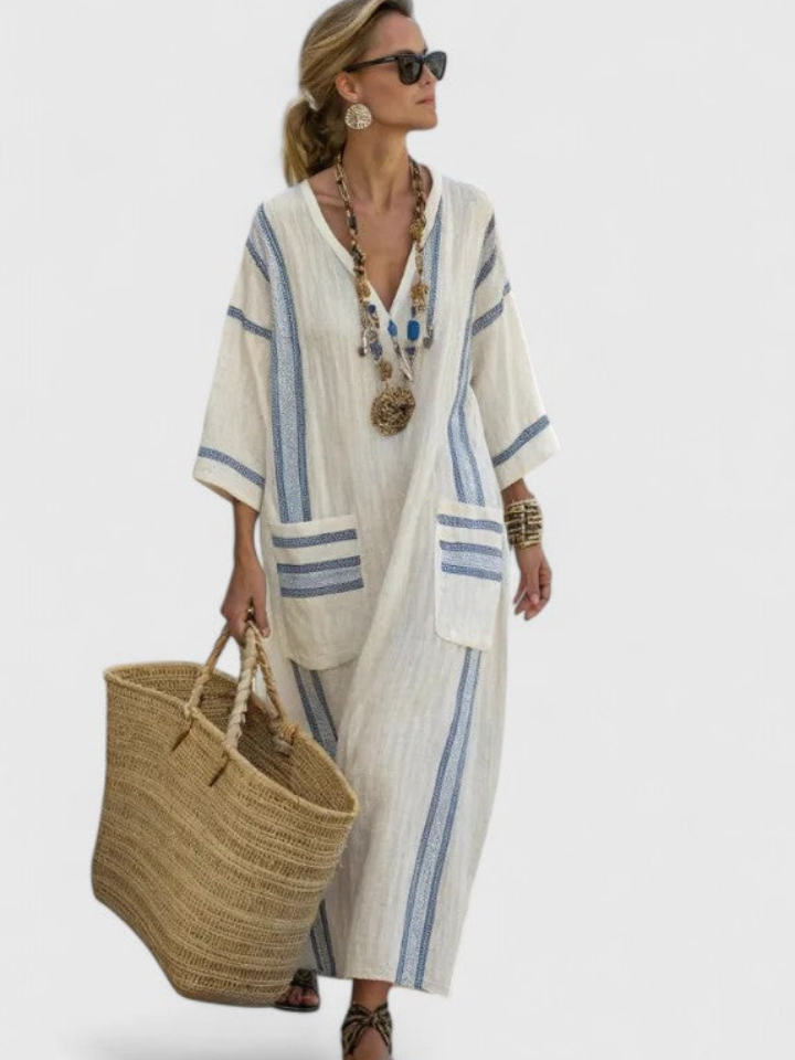 Hannah | Dames Boho Gestreepte Kaftan Maxi Jurk