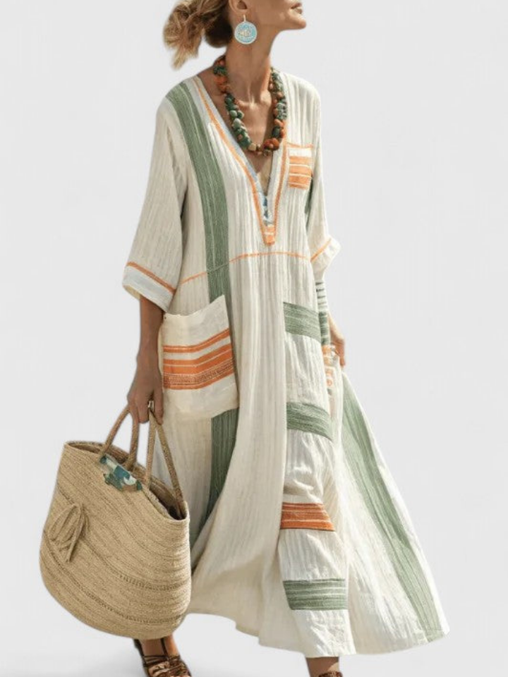 Hannah | Dames Boho Gestreepte Kaftan Maxi Jurk